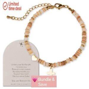 14k Gold Plated Shell Bead Bracelet with Cross Heart Charms Adjustable